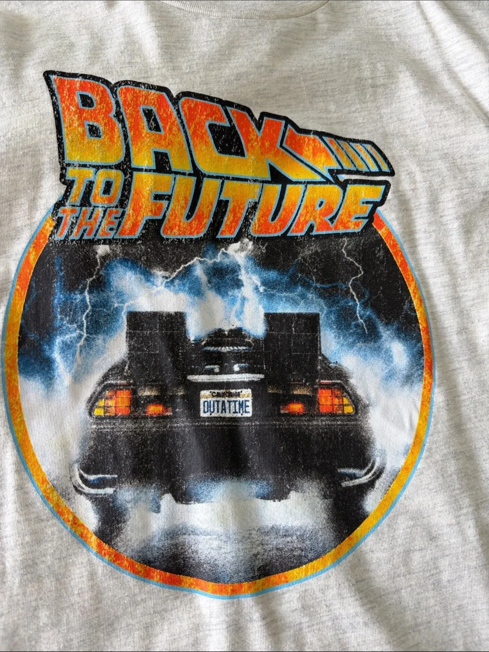 GAP Back to the Future Graphic Tee in Light Gray with Orange & Blue Print